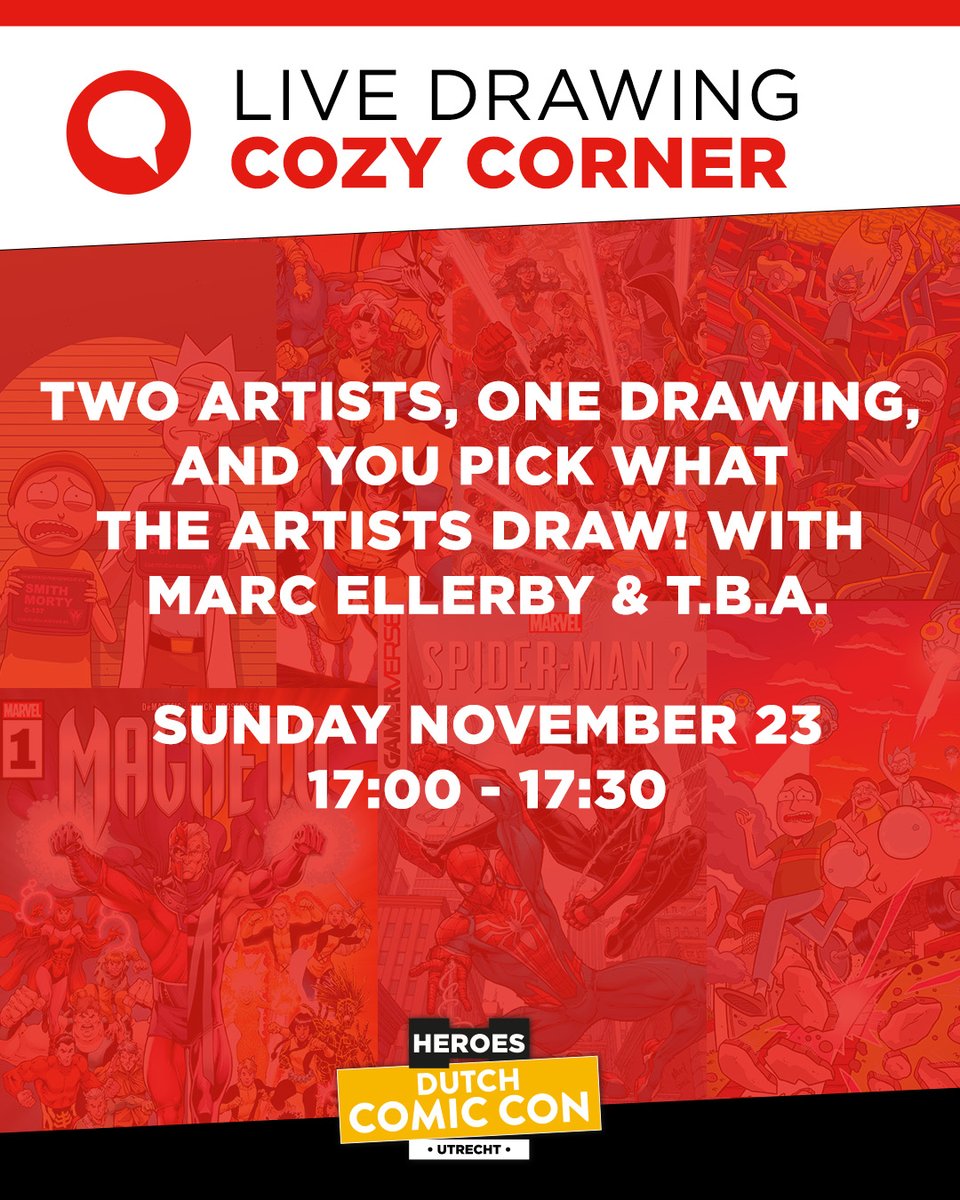 Live Drawings at the Cozy Corner with Marc Ellerby &amp; Daniel Acuña! Don’t miss two days of incredible live art and interactive drawing sessions with these amazing creators ✏️ 

📍 Cozy Corner