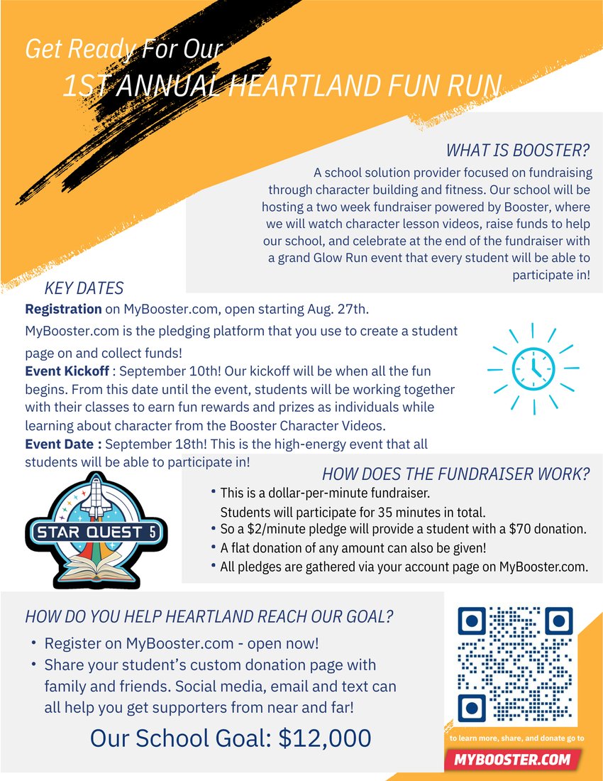Register at MyBooster.com: Starting Aug 27
Event Kickoff: Sept. 10
Fun Run Date: Sept. 18