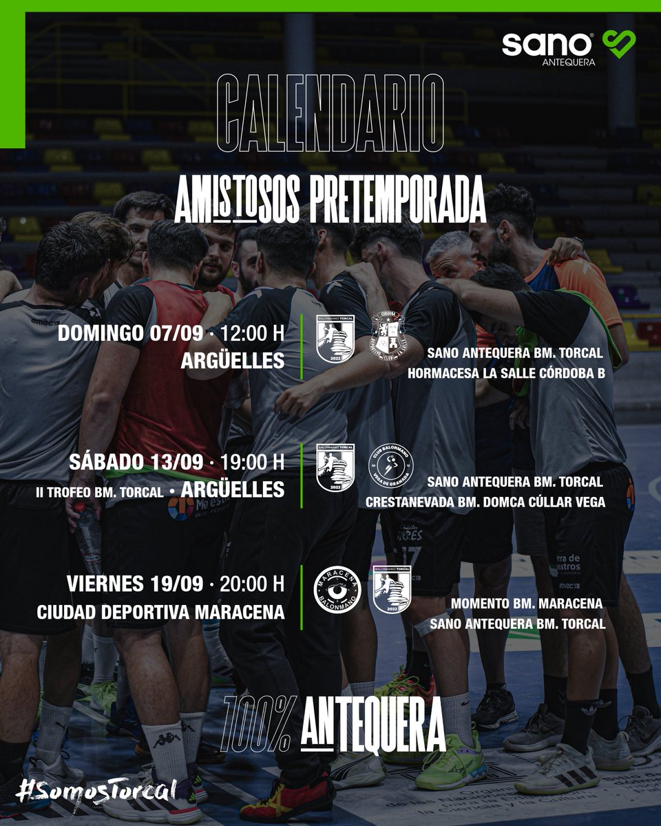 ▶️🗓️ ¡Llega el momento de probar todo lo trabajado sobre la pista! 💪 Toca enfrentarnos a grandes equipos de la categoría en los amistosos que tenemos por delante.

🔜 Aquí os dejamos el calendario de partidos de pretemporada.

#SomosTorcal #Antequera #Balonmano #100x100Antequera