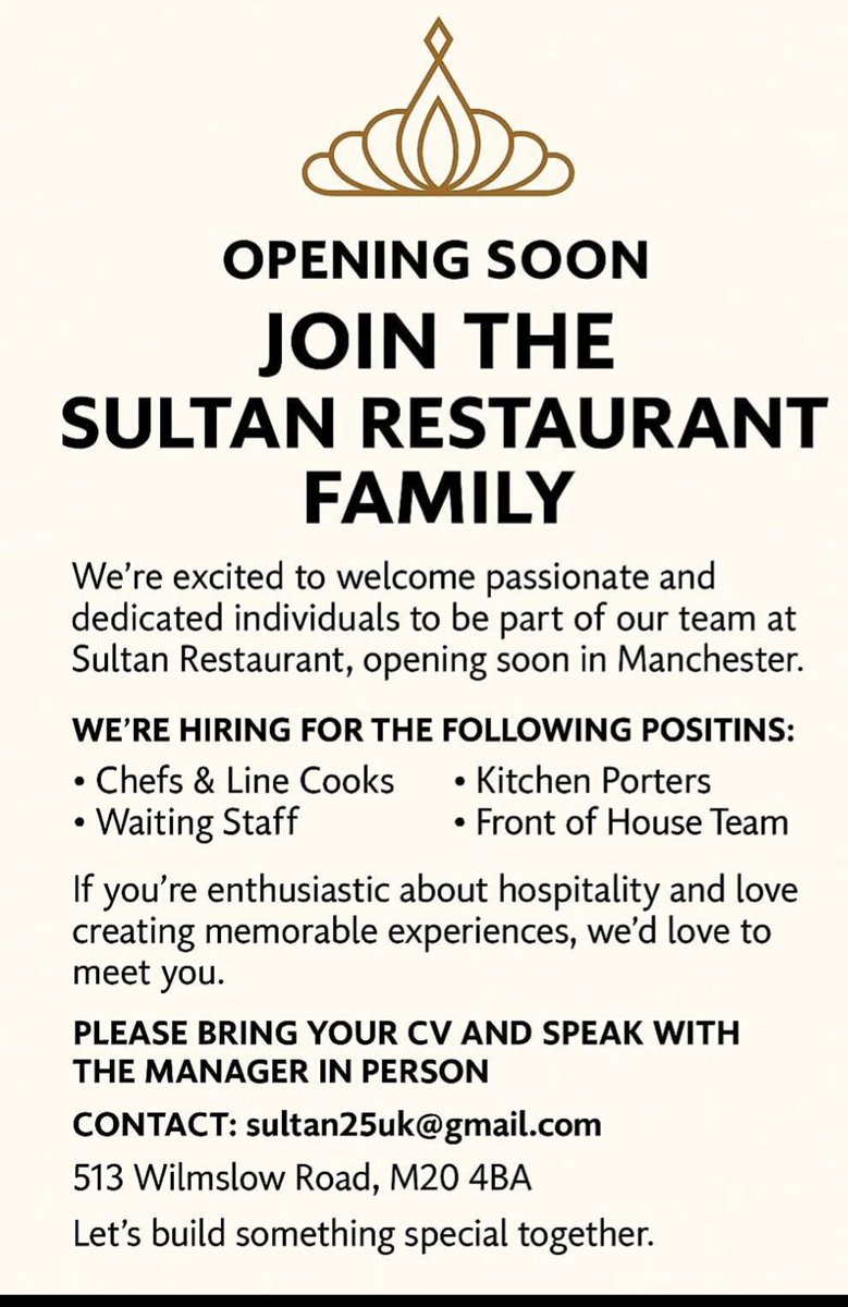 The welcome return of Sultan Restaurant to Withington.

Job opportunities available......