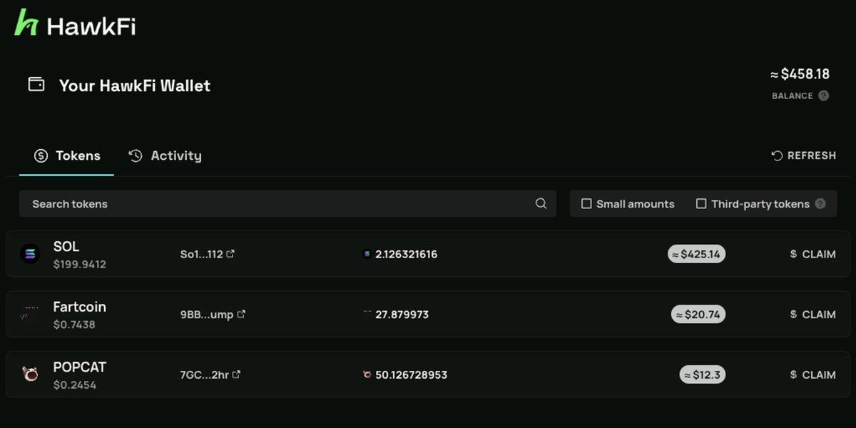 실시간 토큰 잔액과 SOL, Fartcoin, POPCAT의 수익을 표시하는 HawkFi 지갑 스크린샷