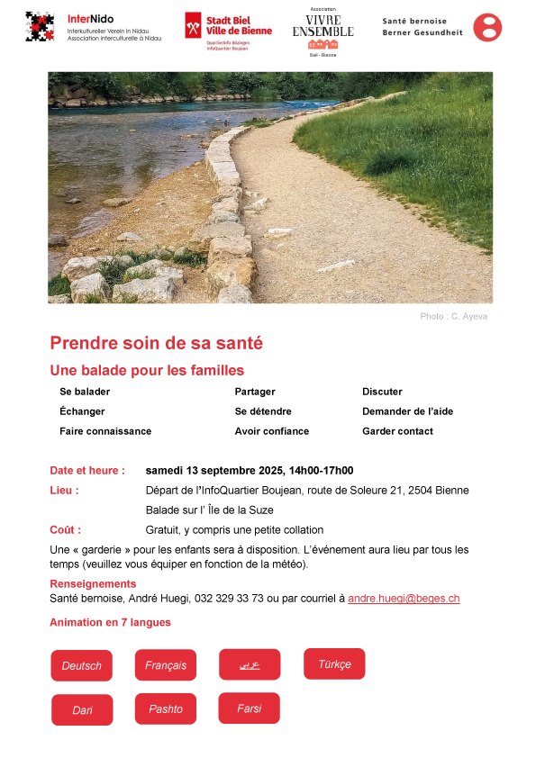 BielBienne_off's tweet image. #Balade   thématique à travers  #Bienne 🌷

Cette année   encore, l’InfoQuartier Boujean de la Ville de Bienne, la Fondation Santé   bernoise, ainsi que les associations Vivre   ensemble et InterNido organisent ensemble une   balade thématique pour les #parents. Le   thème retenu