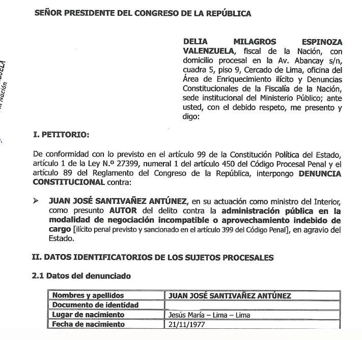 cviguria's tweet photo. Fiscal de la Nación, Delia Espinoza presentó denuncia constitucional contra Juan José Santiváñez, por actos como ministro del interior, por el presunto delito de negociación incompatible. 
Caso se basa en investigación de Cuarto poder por supuestas irregularidades en contratación de personal para que le haga cherry en redes sociales.