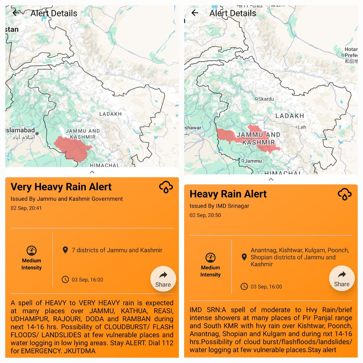 metsrinagar's tweet photo. ●A spell of HVY to VERY HVY Rain is expected at many places over JMU,KATHUA,REASI,UDH, DODA,RAJOURI &amp; RAMBAN during nxt 14-16hrs.
●A spell of moderate to Hvy Rain/brief intense showers at many places of PirPanjal range including Kishtwar &amp; South KMR  during nxt 14-16hrs.
#ALERT https://t.co/IW70UtTm8S
