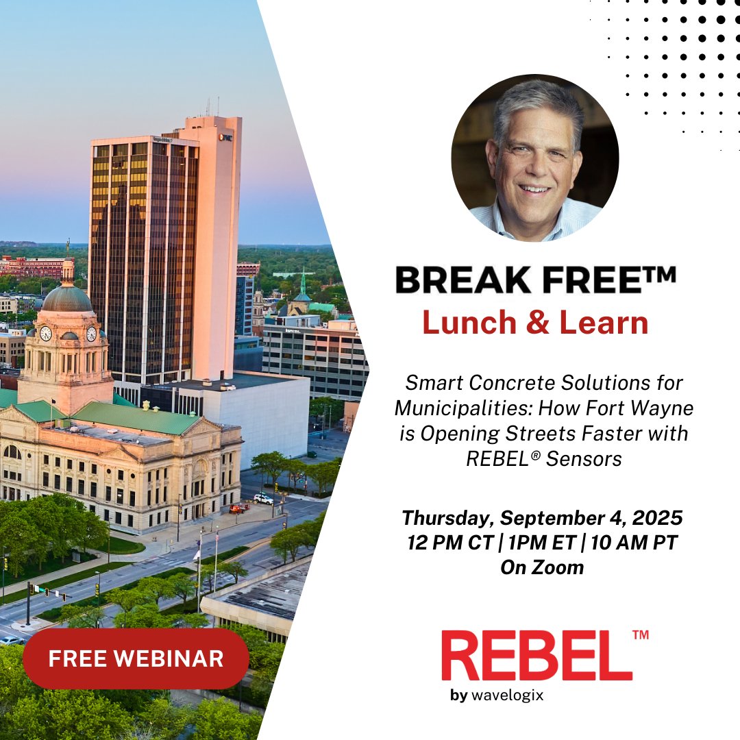 Wavelogix314's tweet image. 🔹 Upcoming Webinar 🔹 

Smart Concrete Solutions for Municipalities: How Fort Wayne is Opening Streets Faster with REBEL® Sensors

📅 Thursday, September 4, 2025
🕛 12 PM CT | 1 PM ET | 10 AM PT

Join us and Brad Trenary, Senior Engineering Technician for the City of Fort Wayne,…