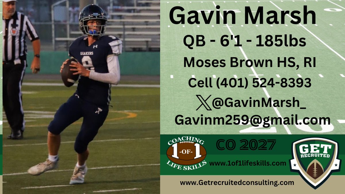 Gavin Marsh - CO 2027 - QB - 6'1, 185lbs - Duel threat QB, smart, athletic, play maker. Moses Brown HS, RI. Profile:  app.productiverecruit.com/profile/gavin-… <a href="/GavinMarsh_/">Gavin Marsh</a> @1of1lifeskills <a href="/Bucknell_FB/">Bucknell Football</a> <a href="/ColgateFB/">Colgate Football</a> <a href="/FORDHAMFOOTBALL/">Fordham Football</a> <a href="/HoyasFB/">Georgetown Football</a> <a href="/HCrossFB/">Holy Cross Football</a> <a href="/LafColFootball/">Lafayette Football</a> <a href="/LehighFootball/">Lehigh Football</a> <a href="/Spiders_FB/">Richmond Spiders Football</a>