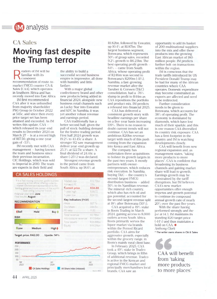 smalltalkdaily's tweet image. Market liked the interim results from FMCG counter $JSECAA CA &amp;amp; Sales

Had lunch with $JSECAA CA &amp;amp; Sales CEO Duncan Lewis&amp;amp; CFO Frans Reichert today to catch up on results

I've covered the stock since its unbundling from PSG back in September 2022 with a buy recommendation at 545…