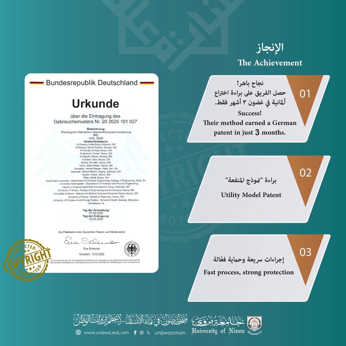 من التمر العُماني إلى براءة اختراع في ألمانيا!

#جامعة_نزوى تحوّل دبس التمر من تحديات اللزوجة والتعبئة إلى منتج صحي وذكي يجمع بين الغذاء والدواء والتجميل.

إبداع علمي يضع البحث العُماني على خارطة العالم🌍

The University of Nizwa 🌍 has contributed to a newly registered patent in