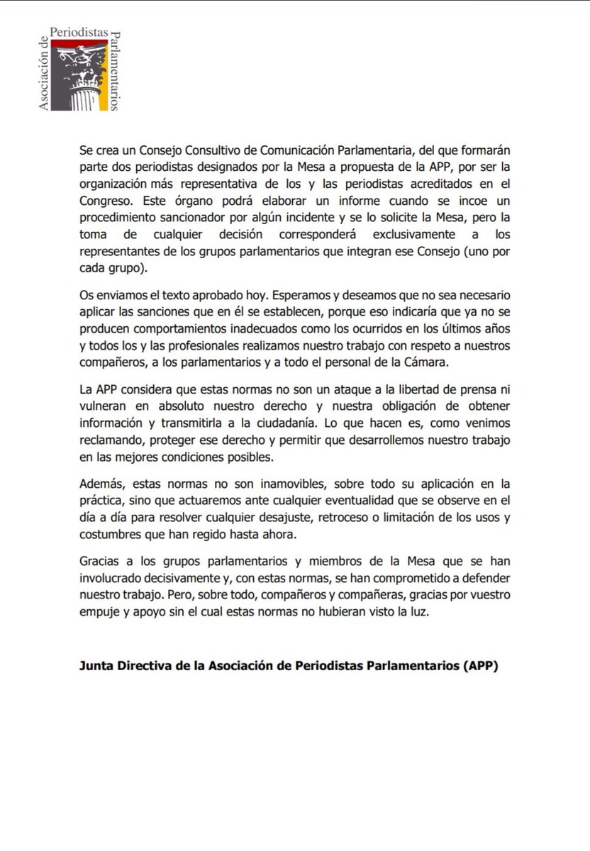 La Mesa del Congreso aprueba las normas reclamadas por los periodistas en defensa de su trabajo.  Comunicado de la APP.