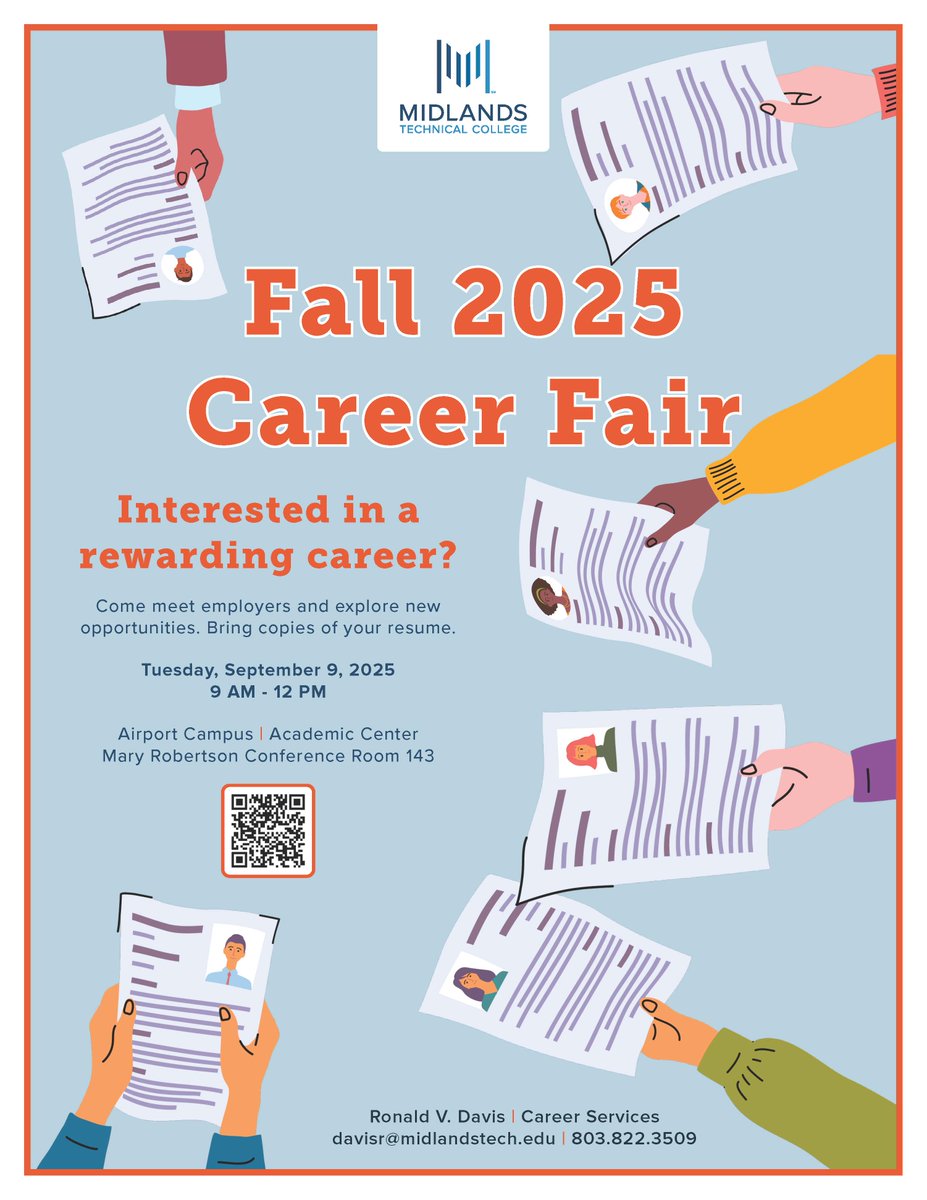 38 employers. 1 career-changing event. Join us Tuesday, September 9th from 9 –12 PM at MTC’s Airport Campus for our Fall Career Fair! Explore opportunities in healthcare, criminal justice, business, skilled trades, tech, engineering &amp; more.

Learn more ➡️  midlandstech.edu/calendar/caree…