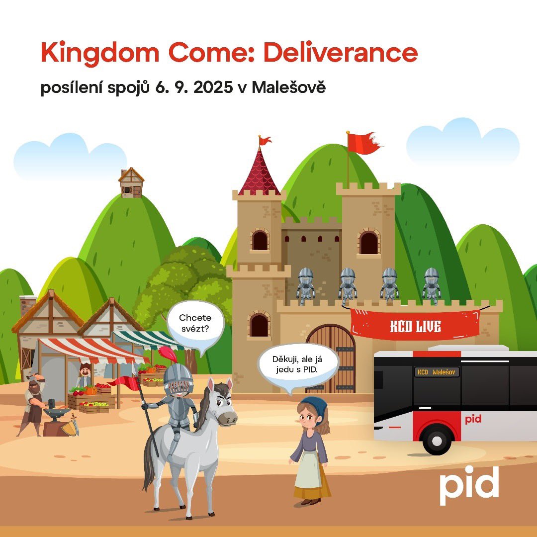 Cesta do středověku 

V sobotu 6. září vypravíme takovou speciální linku mezi Malešovem a Kutnou Horou. PID vás prostě dostane. Kamkoli. Třeba i na Kingdom Come: Deliverance Fanfest. 

pid.cz/doprava-na-kin…