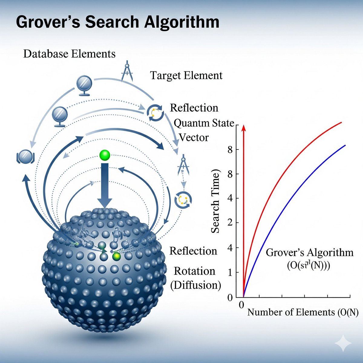 NitinDave77's tweet image. Enter Grover’s Search 🤯
Quadratic speedup for unstructured search: O(√N) vs O(N) classically. Smart reflections + rotations make it possible.
#GroversAlgorithm #QuantumSearch