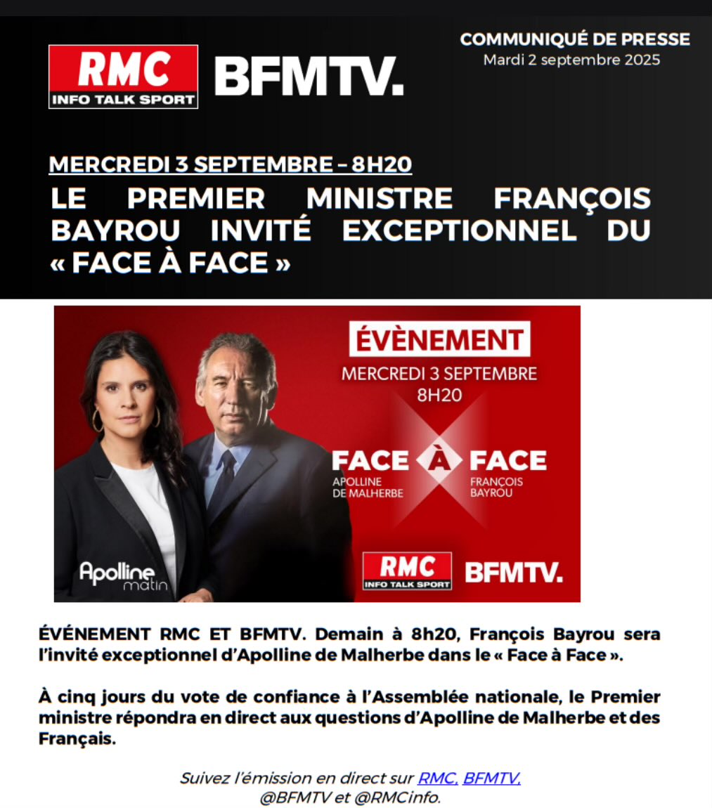 Le Premier Ministre François Bayrou invité demain matin du #FaceAFace chez <a href="/apollineWakeUp/">Apolline de Malherbe</a>.

RDV dès 8h20 en direct sur <a href="/RMCInfo/">RMC</a> et <a href="/BFMTV/">BFMTV</a>