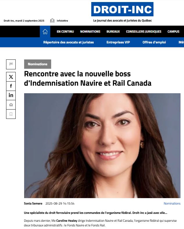 Lisez dès maintenant l’entrevue de <a href="/Droitinccom/">Droit-inc.com</a> sur notre PDG et administratrice du Fonds Navire &amp; Fonds Rail, Caroline Healey, pour en savoir + sur sa vision, motivations et priorités ici : droit-inc.com/conseils-carri…