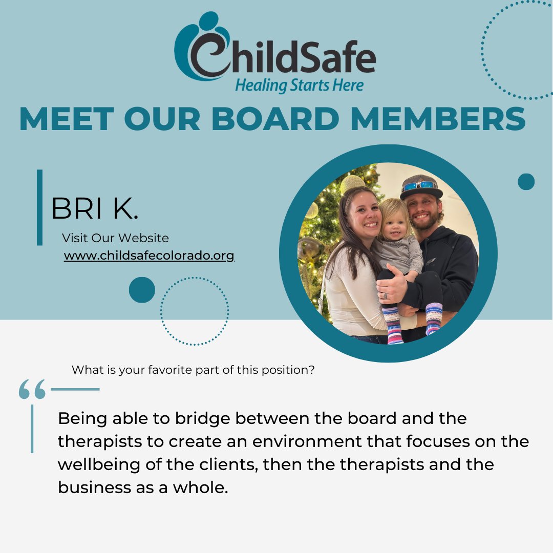 This week we’re excited to introduce Bri Kurt-Hurst, one of ChildSafe’s dedicated Board Members! Bri has been part of the ChildSafe family for 8 years—first joining us in 2017 as a clinical intern during her Master’s program, then serving as a part-time therapist until 2022. ⭐