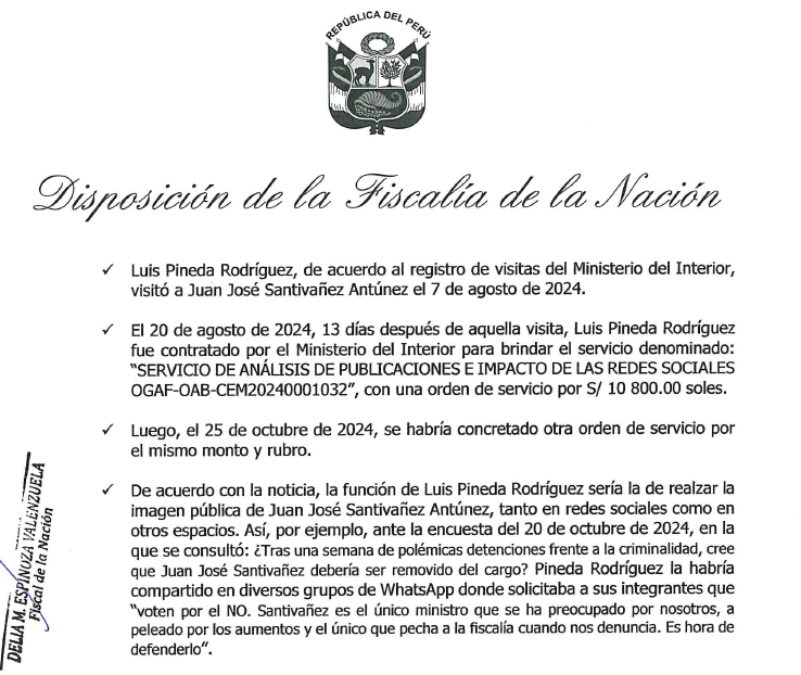 cviguria's tweet photo. Fiscal de la Nación, Delia Espinoza presentó denuncia constitucional contra Juan José Santiváñez, por actos como ministro del interior, por el presunto delito de negociación incompatible. 
Caso se basa en investigación de Cuarto poder por supuestas irregularidades en contratación de personal para que le haga cherry en redes sociales.