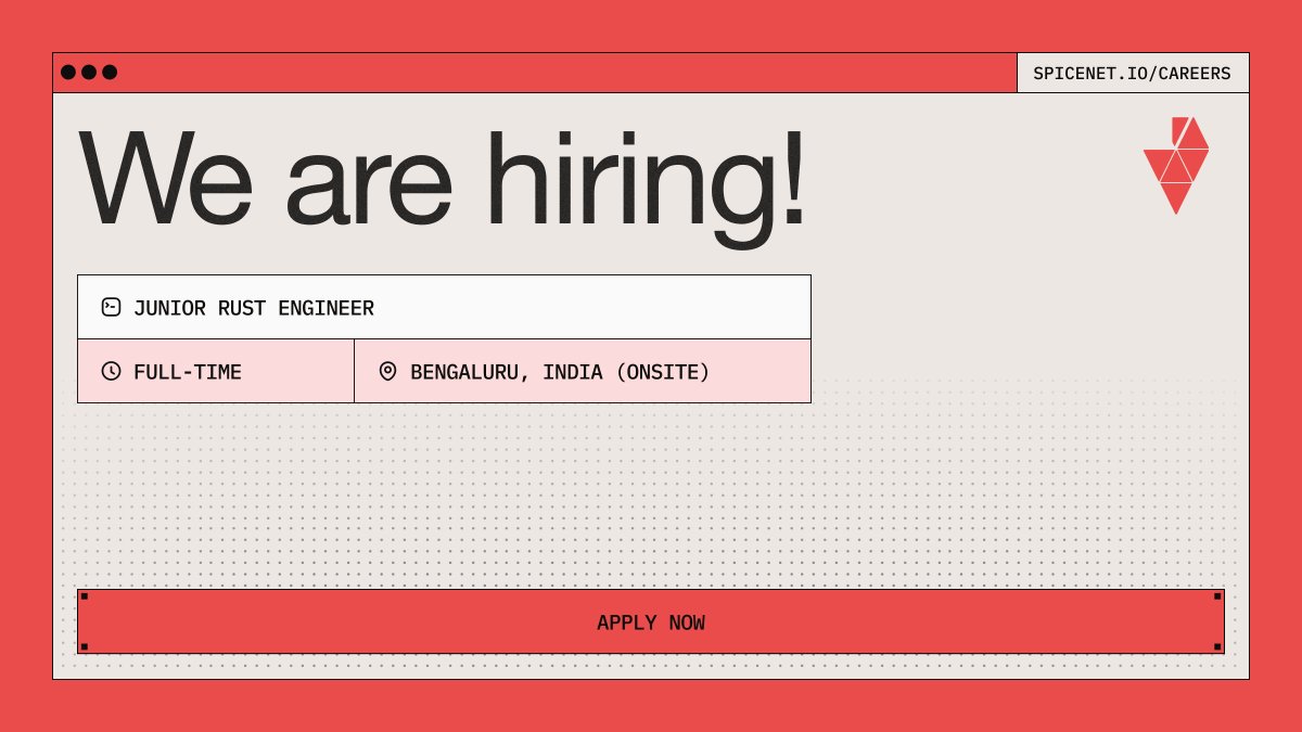 spicenetio's tweet image. We’re hiring: Junior Rust Engineer (Onsite – Bangalore)
Work with our senior team at Spicenet to build Rust tooling, APIs, and infra at Spicenet.
What’s needed: 1+ year of Rust experience, eagerness to learn, and excited to work onsite in Bangalore.
Apply here:…