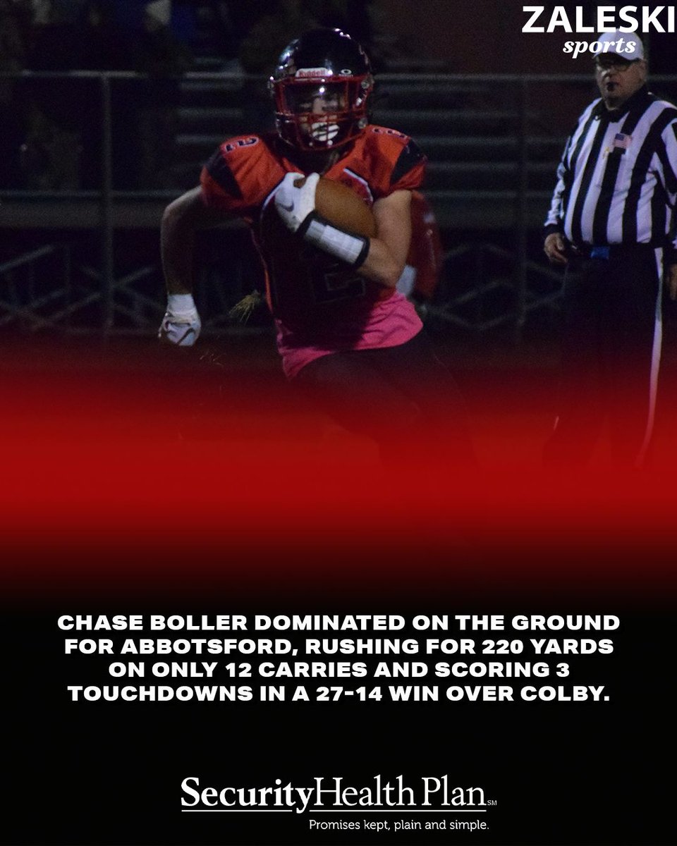 ZaleskiSports's tweet photo. Chase Boller ran for 220 yards and scored three touchdowns in Abbotsford win over Colby. https://t.co/X1VtByF0M4