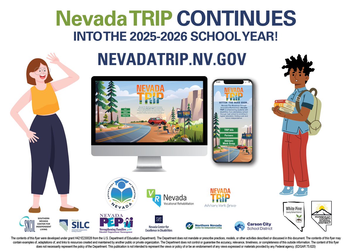 The Nevada TRIP interactive website is a powerful tool helping students with disabilities, their parents, and educators navigate the process from elementary to middle to high school and beyond to adult life and independence.
nevadatrip.nv.gov