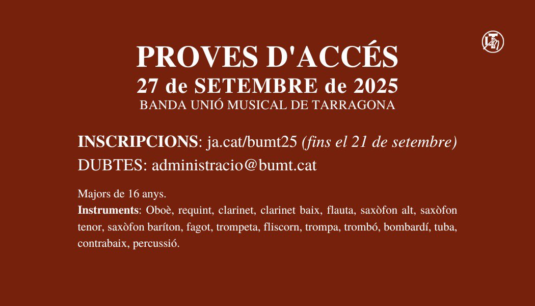 T’agradaria formar part de la nostra #BandaSimfònica?🎶

Apunta’t a les proves d’accés del 27 de setembre i vine a tocar amb nosaltres!🤝🏼

Recorda que tens temps fins al 21 de setembre per inscriure’t.⏳