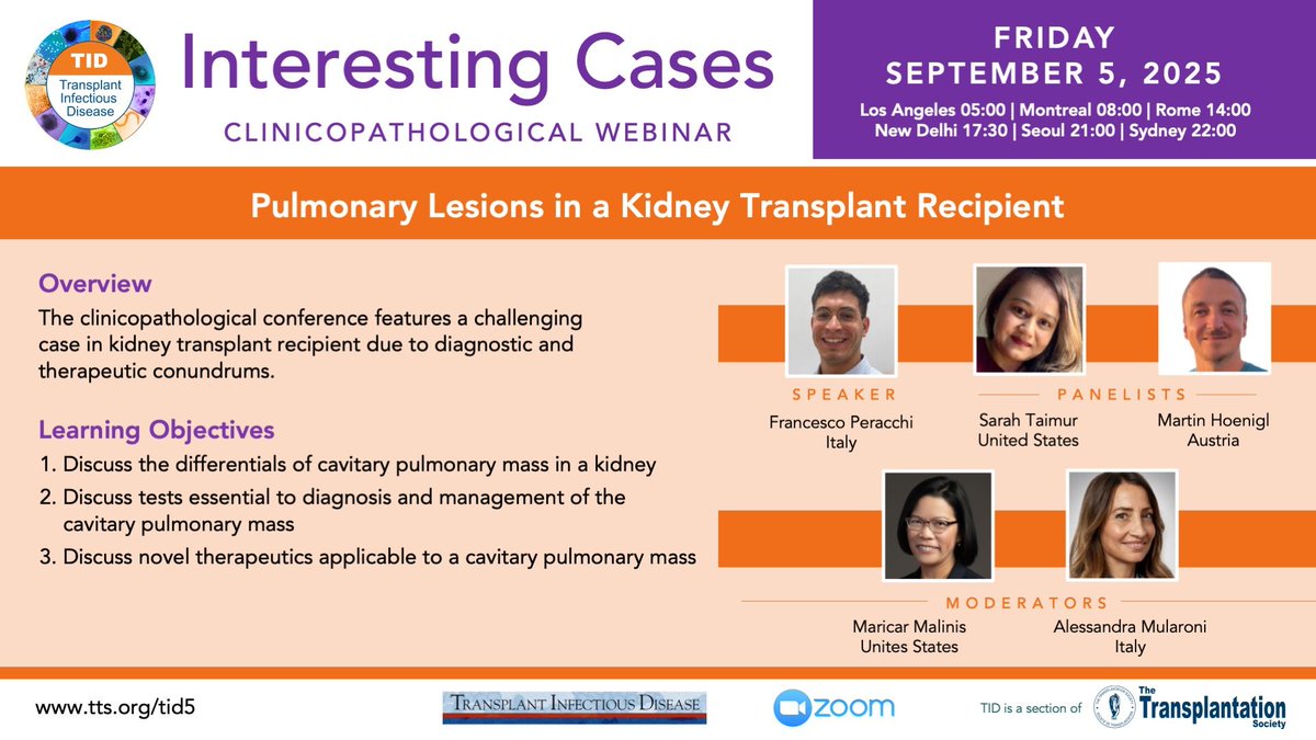 🚨 Webinar this Friday ➡️ Pulmonary Lesions in a Kidney Transplant Recipient

📅 Friday, September 5 a 8 am (ET)

💬 Maricar Malinis, Alessandra Mularoni, Francesco Peracchi, Sarah Taimur, Martin Hönigl

💡This clinicopathological conference features a challenging case in kidney