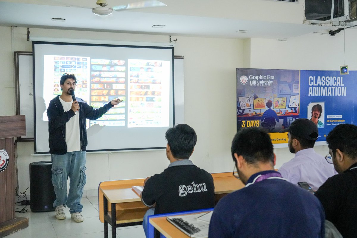 gehudehradun's tweet image. Dept. of Animation &amp;amp; Gaming, GEHU, hosted a 3-day #ClassicalAnimation workshop with award-winning animator Kartik Mahajan.

2 days of movie screenings, storytelling, character design &amp;amp; storyboarding done ✅ Final day up next! 🚀

#GEHU #AnimationWorkshop #GraphicEra