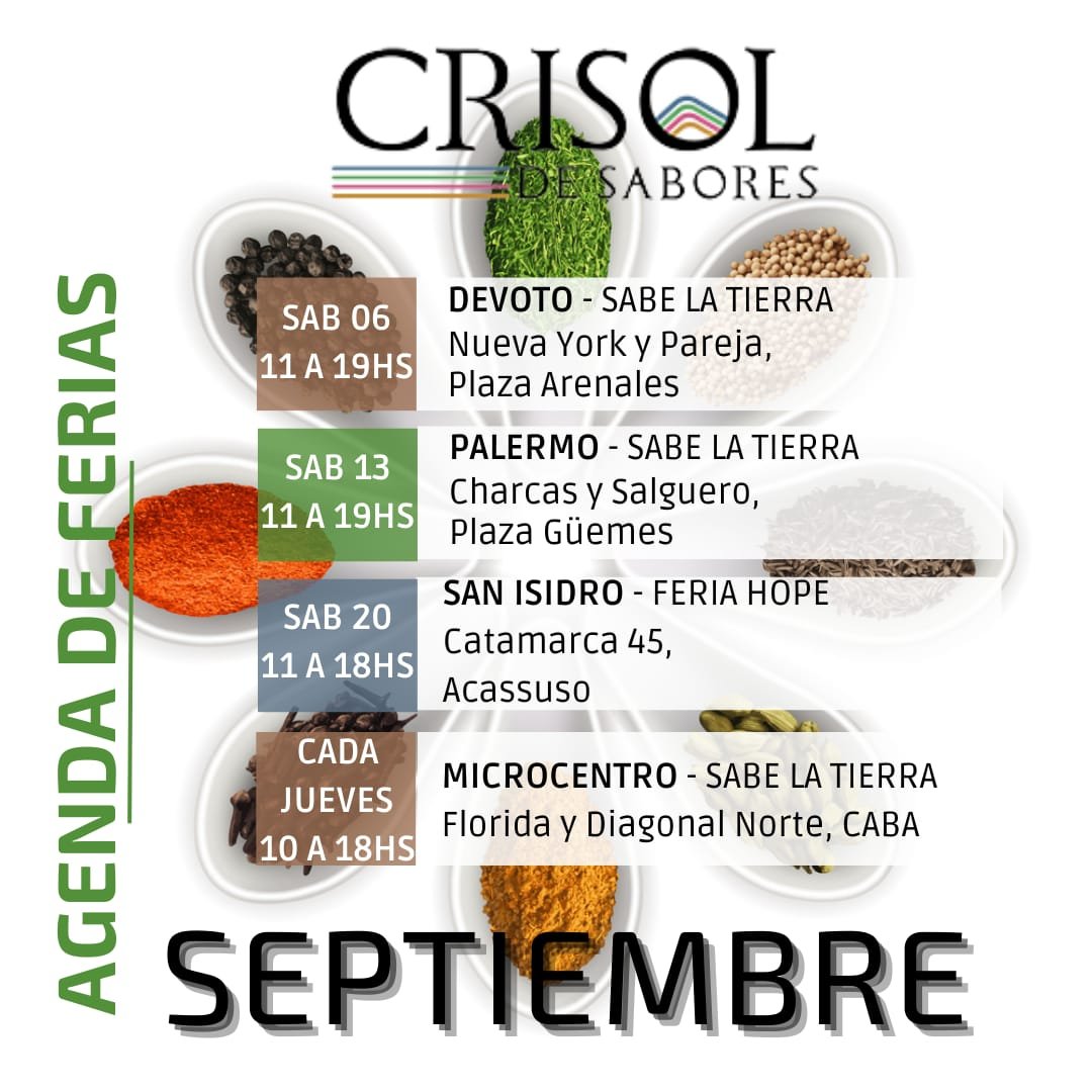CrisoldeSabores's tweet photo. 🛒 AGENDA DE FERIAS DE SEPTIEMBRE 👩🏻🍳👨🏻🍳
Te esperamos con los mejores blends de especias, sales saborizadas y mezclas para risottos y guisos para recibir la Primavera
#SabemosDeSabores
#SomosPupaa
#ComeRico
#CrisoldeSabores https://t.co/7Bf2TCzP2Q