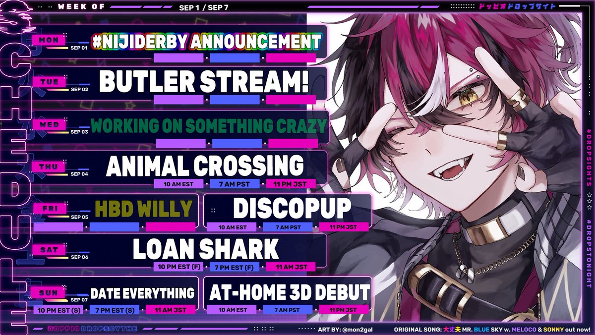 ✨Another Step Forward!✨【9/1-9/7】
🐣CLIPS: #Doppameme
🎡LIVE: #Dropstonight
🐣ART: #Dropsights NSFW: #Dropshy
🎡ASSETS: #Doppioassets
🐣STREAM THUMBNAILS: #Doppionails
🎡VP REACTS: #DoppioVP
🐣PAPE: #Piopape
🎡COSPLAY: #Dripscythe 
🐣🌂🔗ORI-SONG: youtube.com/watch?v=OkaAHh…