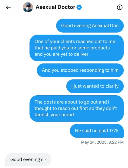 Screenshots of a Twitter direct message conversation. The messages are displayed in blue bubbles on a light background, showing text exchanges between Asexual Doctor and another user. The text includes references to a payment issue involving 177k and requests for a refund.