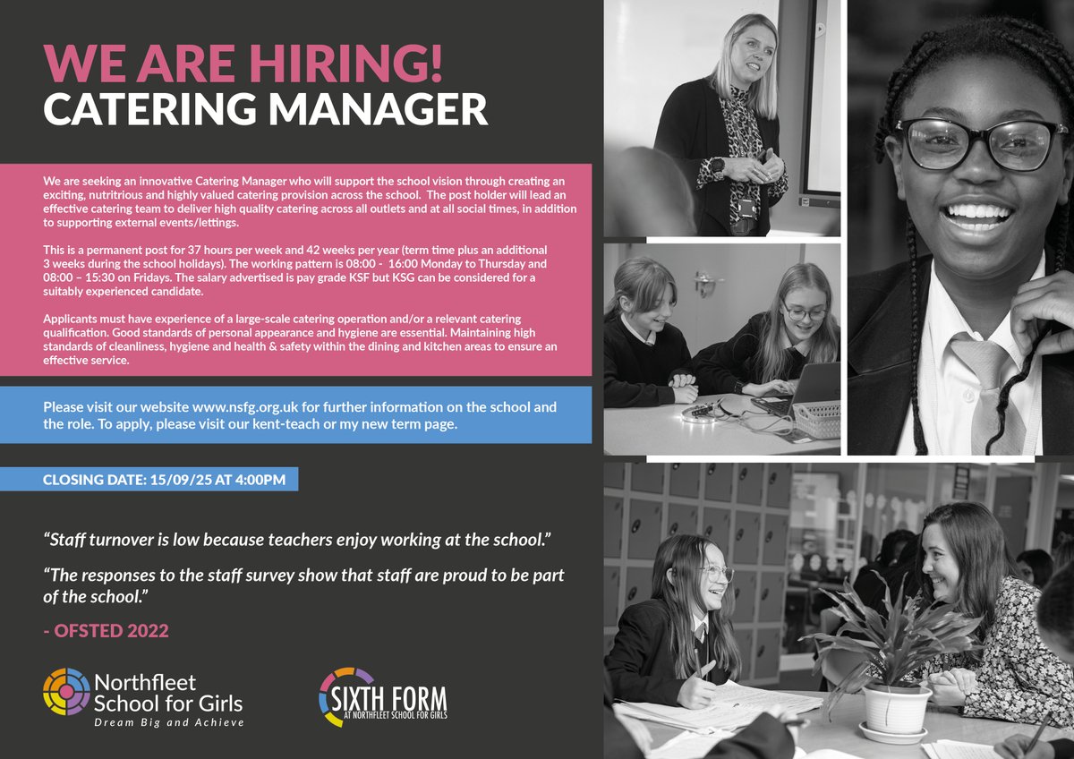 🚨VACANCY - CATERING MANAGER🚨

To read more about the role, and to apply, visit either of the below:

Kent Teach: kent-teach.com/Recruitment/Va…

My New Term: mynewterm.com/jobs/118788/ED…

#kentjobs #jobsinkent #kentteach #northfleet #gravesend #ebbsfleet #dartford #meopham #medway