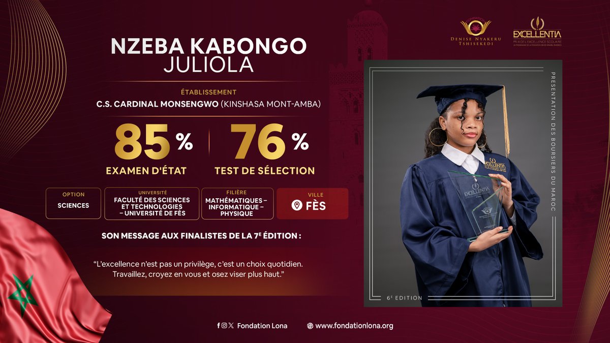 FondationLONA_'s tweet image. 🎓 Il est maintenant temps de découvrir les bénéficiaires du programme de bourses Excellentia qui s’envoleront dans les jours à venir pour l’international et précisément vers le Maroc.

Le 14 août dernier, vous l’avez applaudie à Kinshasa lors de la grande cérémonie de remise des…
