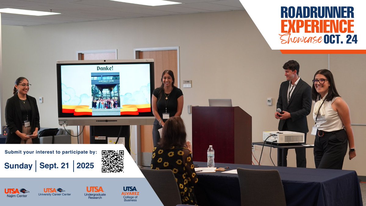 Have you completed an internship, research, industry project, or other career related experience in 2024-2025? We invite you to share your experience at the 2025 Roadrunner Experience Showcase! Sign up by 9/21/25 Sign-up here:  rowdylink.utsa.edu/submitter/form…