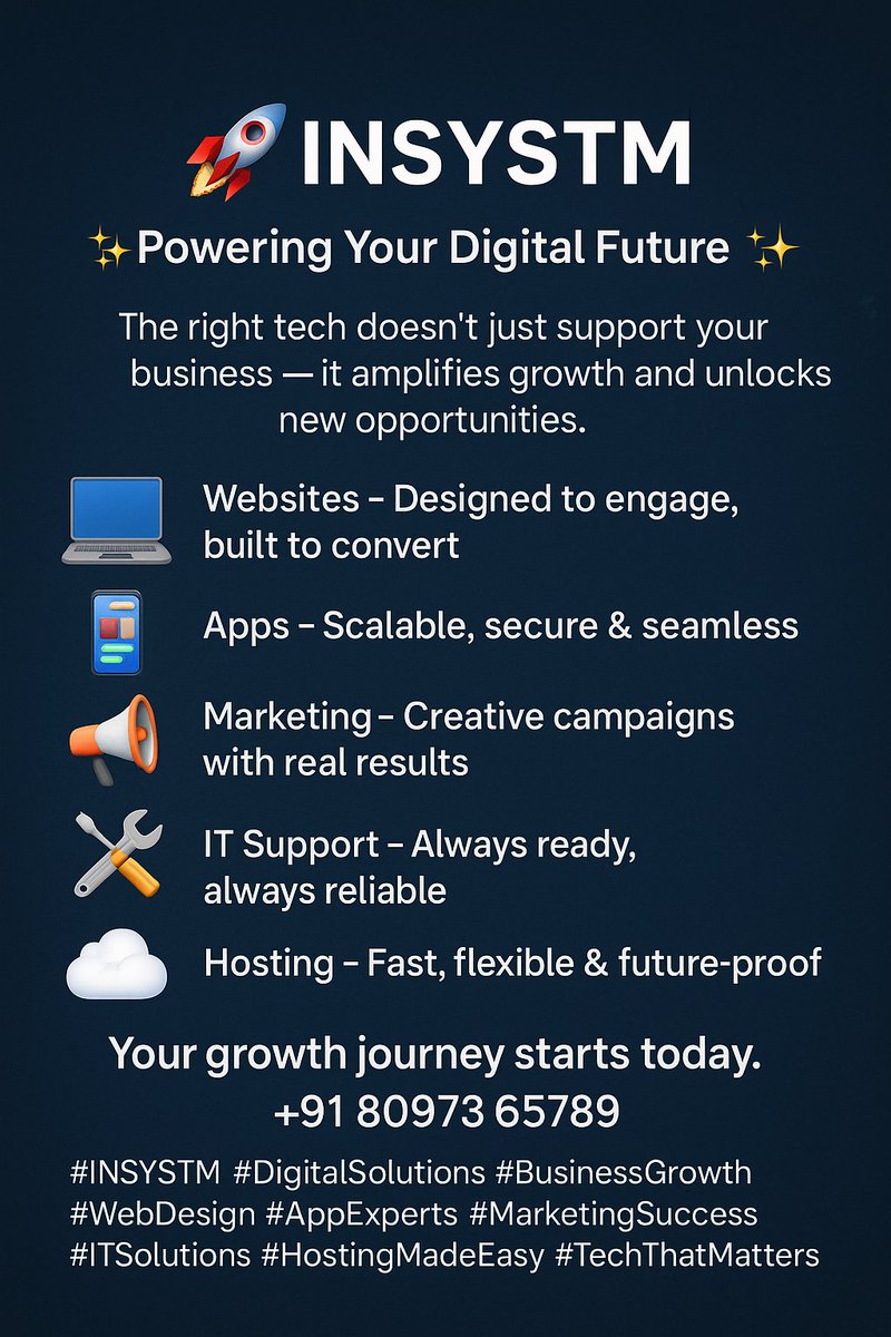 online_insystm's tweet image. 🌐 INSYSTM – Innovation That Works for You 🌐
💻 Websites – Fast &amp;amp; result-driven
📱 Apps – Secure &amp;amp; scalable
📣 Marketing – Turning clicks into customers
🛠️ IT Support – Always available
☁️ Hosting – Safe &amp;amp; stress-free
📞 +91 80973 65789
#INSYSTM #DigitalInnovation #SmartSolution