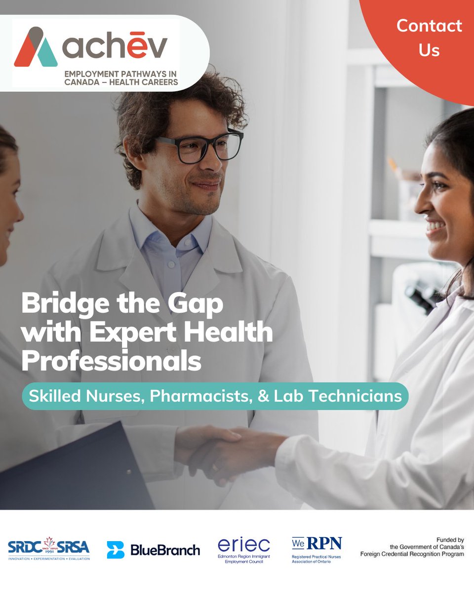 Find the best healthcare staff for your team through Achēv’s FREE Employment Pathways in Canada – Health Careers (#EPICHC) program! We can connect you with Nurses, Pharmacists or Lab Technicians in the process of obtaining their Canadian licenses: bit.ly/3W9WvsO