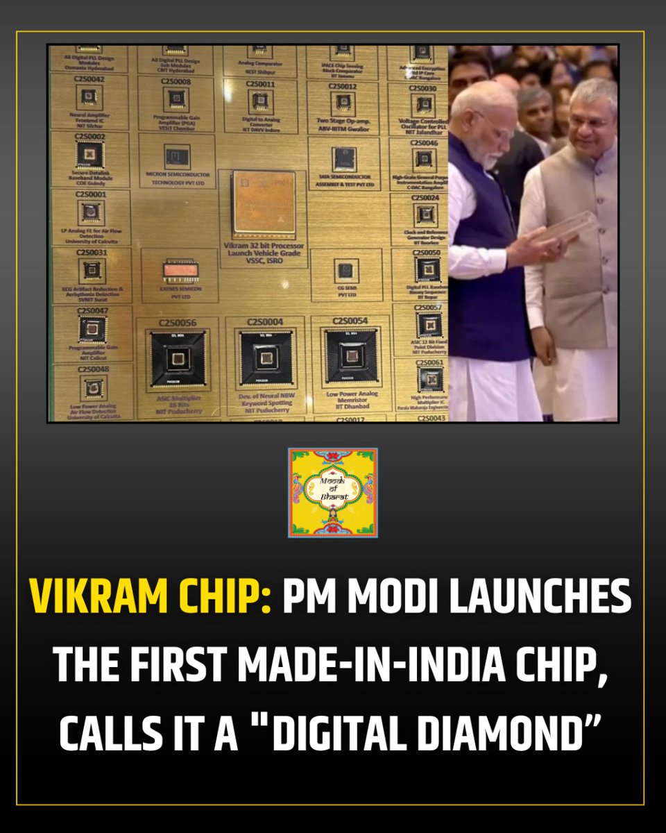 moodsofbharat's tweet photo. Caption: Bharat enters the semiconductor era! 🇮🇳✨ PM Modi launches Vikram Chip — the nation’s first Made-in-Bharat processor, proudly called a 'Digital Diamond'. 💎🚀 #AtmanirbharBharat #DigitalBharat #VikramChip https://t.co/aElhxjtqwe