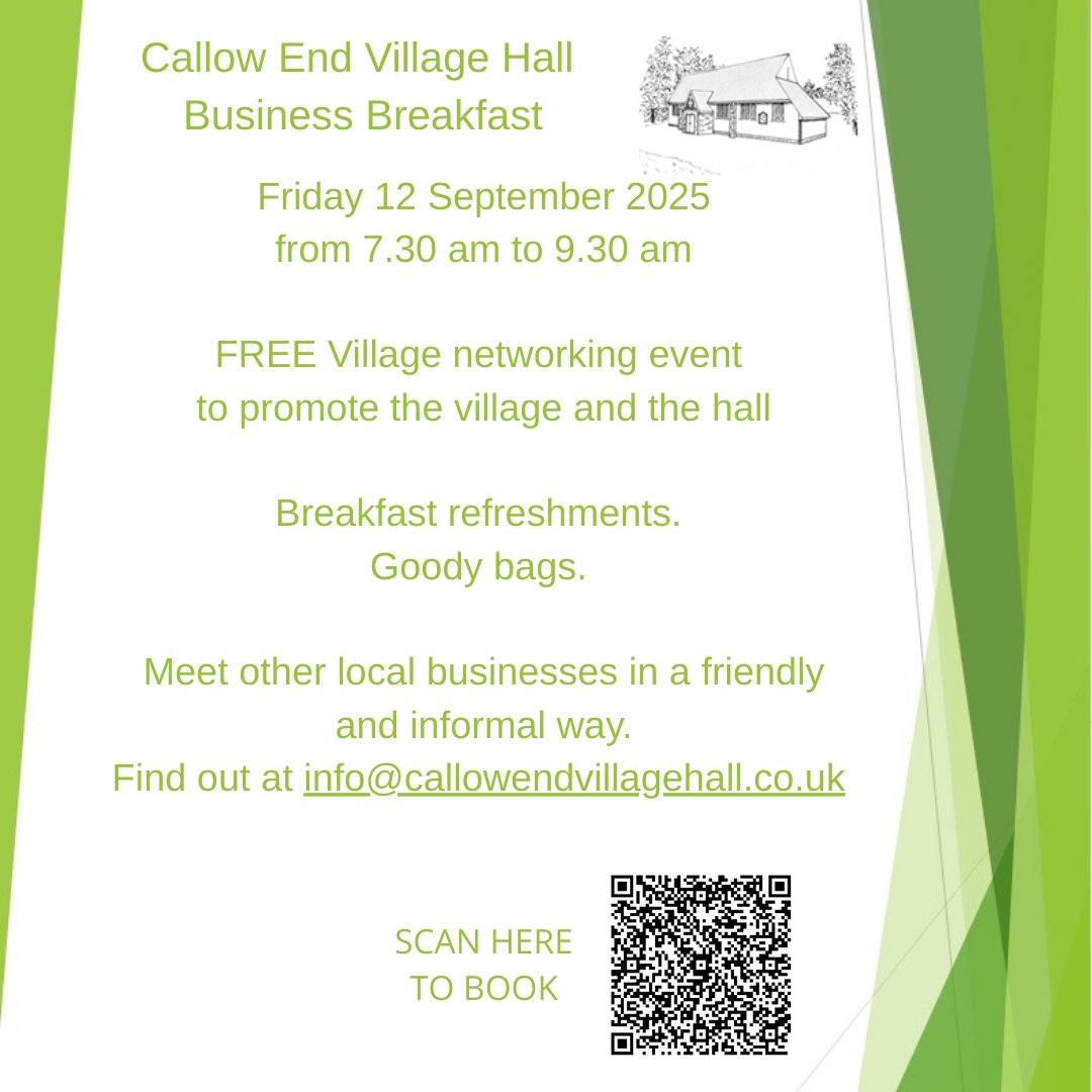 Join in our business networking event at Callow End Village Hall on Friday 12 September at 730am Register here ticketsource.co.uk/cevhall/callow… #CallowEnd #villagehall #businessbreakfast #NetworkingOpportunities