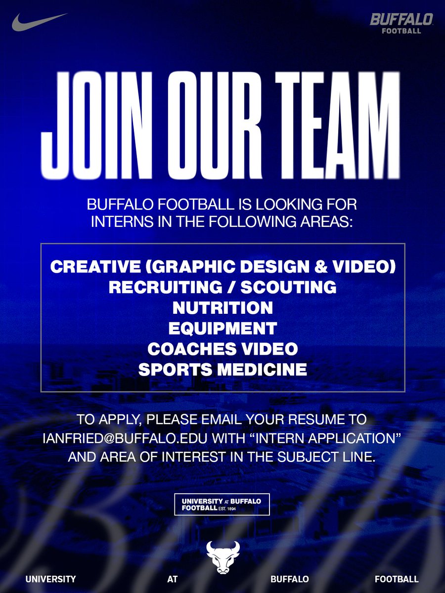 UB Football (@ubfootball) on Twitter photo ๐ฃ๏ธ๐๐๐๐ ๐๐๐ ๐๐๐๐!
We're looking for interns to assist in various areas of our program!
Send resumes to ianfried@buffalo.edu to apply.
#UBhornsUP๐คl #BullMarket๐ ๐ฃ๏ธ๐๐๐๐ ๐๐๐ ๐๐๐๐!
We're looking for interns to assist in various areas of our program!
Send resumes to ianfried@buffalo.edu to apply.
#UBhornsUP๐คl #BullMarket๐