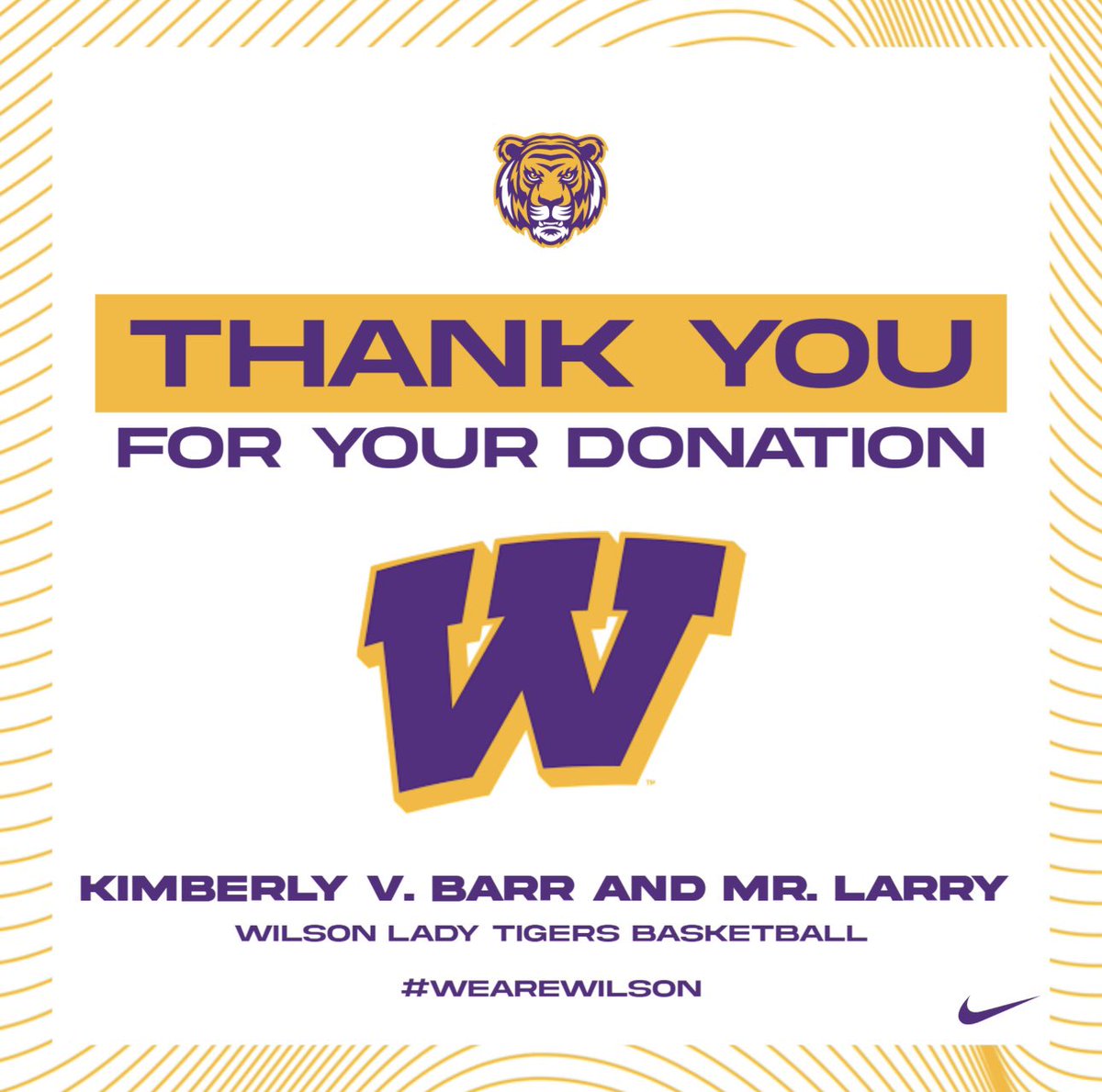 Huge thank you to Ms. Kimberly Barr and Mr. Larry for supporting Lady Tigers Basketball! Your generosity drives us forward both on and off the court. 

#WeAreWilson