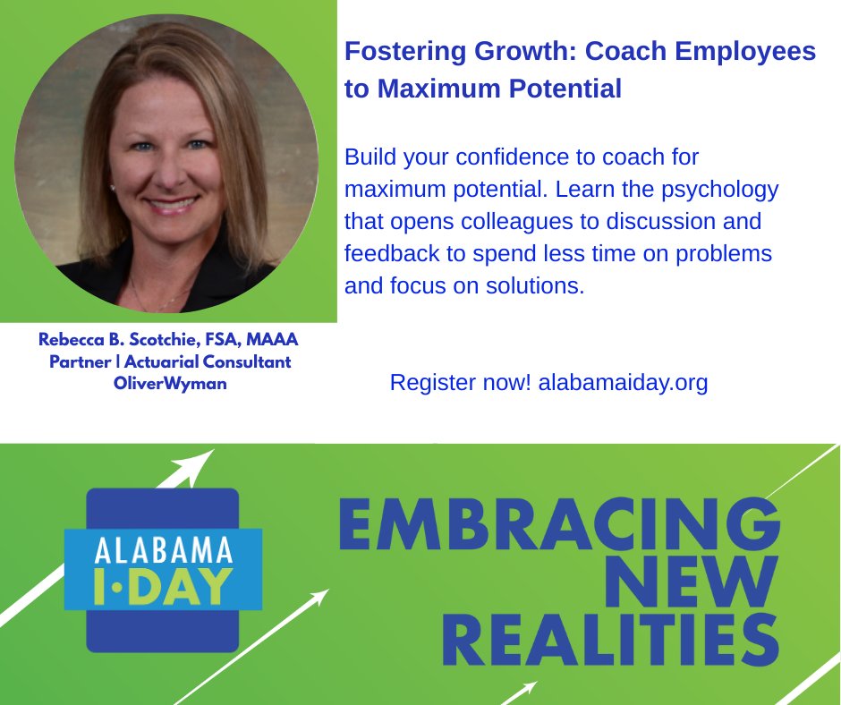 Managers and Mentors: Unlock your team's potential by learning from Rebecca Scotchie, Partner at OliverWyman, at Alabama Insurance Day 2025. Discover coaching approaches that build confidence and foster open, problem-solving discussions. Register now at alabamaiday.org.