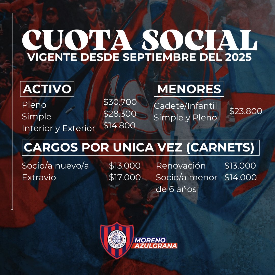 🪪 #CuotaSocial | Nuevos aranceles que estan vigentes desde el 1° de septiembre.

#MorenoAzulgrana
#SomosSanLorenzoEnMoreno