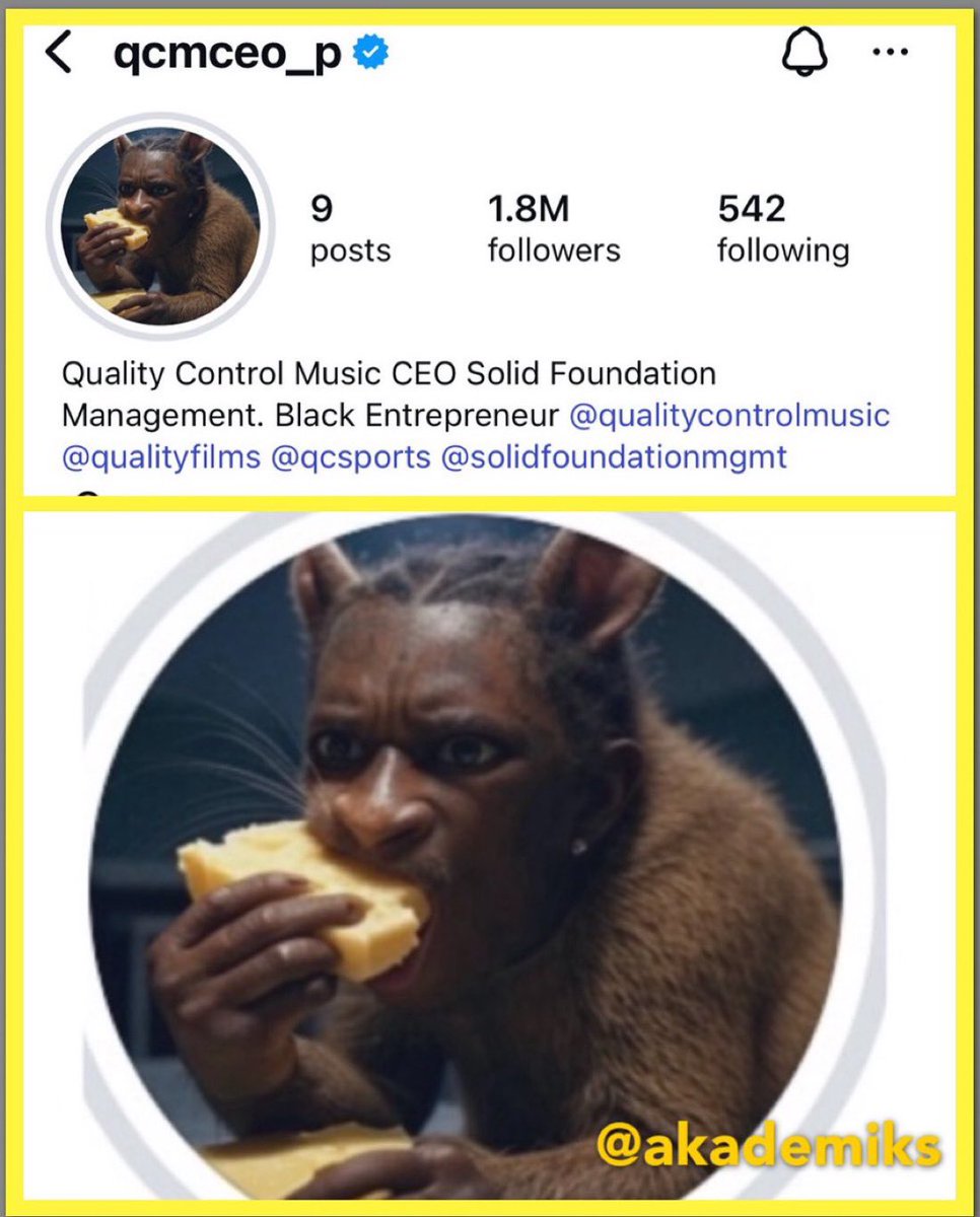 AkademiksTV's tweet image. P from QC changes his profile pic to Young Thug eating cheese 😭💀