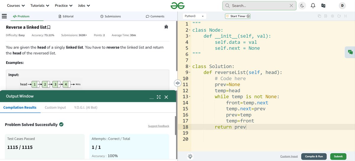 devanshu_siwach's tweet image. 🔥 Day 80: Today’s problem is given the head of a singly linked list. You have to reverse the linked list and return the head of the reversed list. 📷
#LearnInPublic  #pythonlearning  #CommunitySupport #DSA  #developer
