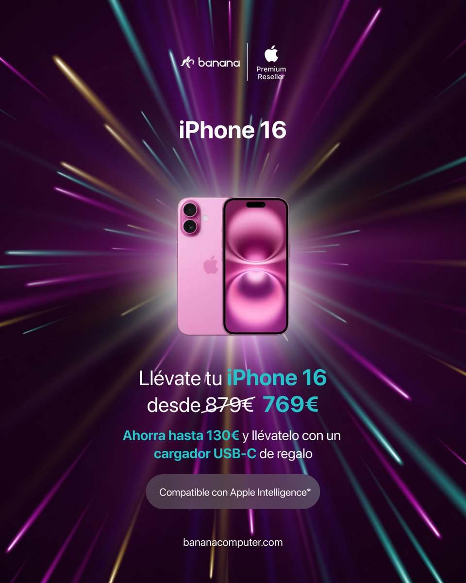 BananaComputer's tweet photo. 📚 Este #FlashToSchool empieza con el mejor precio en iPhone.
Hasta el 8/9:
✨ iPhone 16 Pro/Max/Plus/16 → -150 € + regalos
✨ iPhone 15/15 Plus → -400 € + regalos
✨ iPhone 16e → desde 599 € + regalos
👉 https://t.co/lUNIqyvQNg
#BananaComputer #Apple https://t.co/3dbMO7ojB4