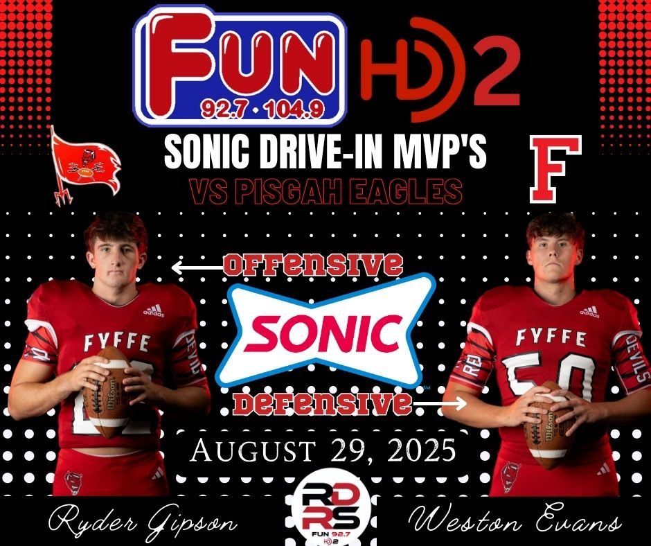 🍔🏈 SONIC DRIVE-IN MVPs 🏈🍔
Presented by Sonic Drive-In in Rainsville!

Congrats to this week’s MVPs from the Fyffe Red Devils’ dominant performance vs. the Pisgah Eagles, as selected by Coach Paul Benefield! 🔴⚫️

🔥 Offensive MVP: Ryder Gipson
An unreal night on the ground —