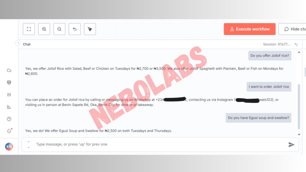 KingsleyNebo2's tweet image. Started working with n8n. This isn&apos;t the simplest of Workflows, it&apos;s a RAG Agent!

✅Retrieval Augmented Generation Agent. 

Call it a Chatbot 🤖 It answers Frequently Asked Questions for a small business.
 
What did you do today?
@skill_afrika_ @omoalhajaabiola 
#AIAutomation
🍀