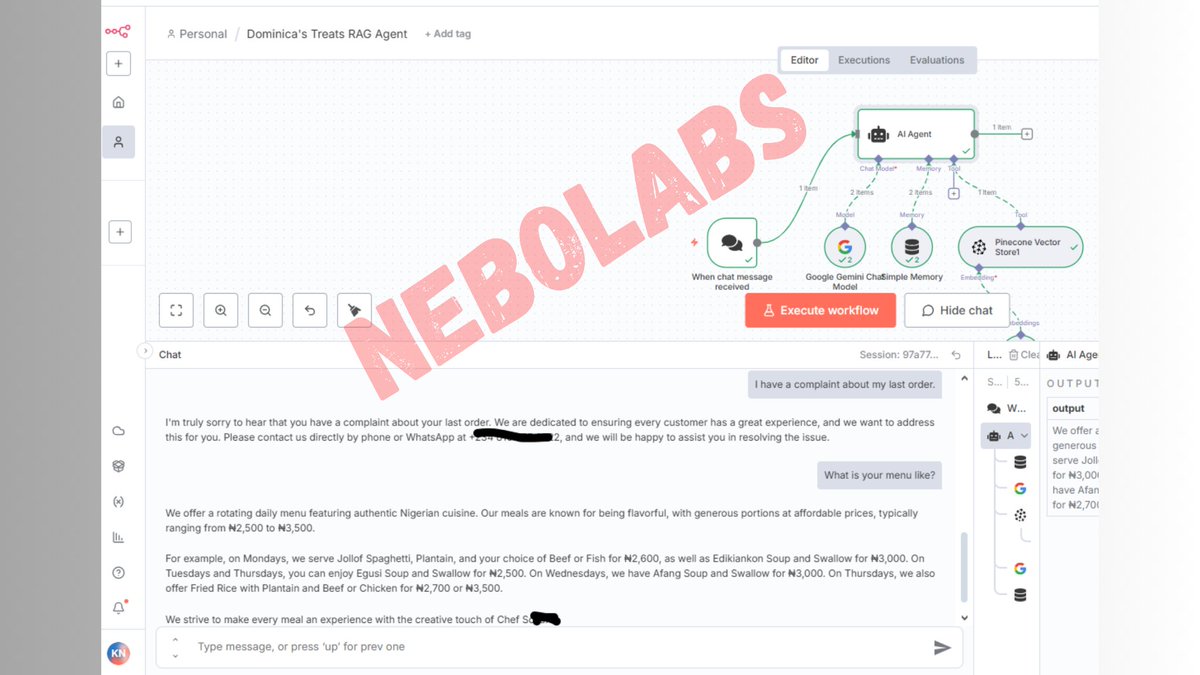 KingsleyNebo2's tweet image. Started working with n8n. This isn&apos;t the simplest of Workflows, it&apos;s a RAG Agent!

✅Retrieval Augmented Generation Agent. 

Call it a Chatbot 🤖 It answers Frequently Asked Questions for a small business.
 
What did you do today?
@skill_afrika_ @omoalhajaabiola 
#AIAutomation
🍀