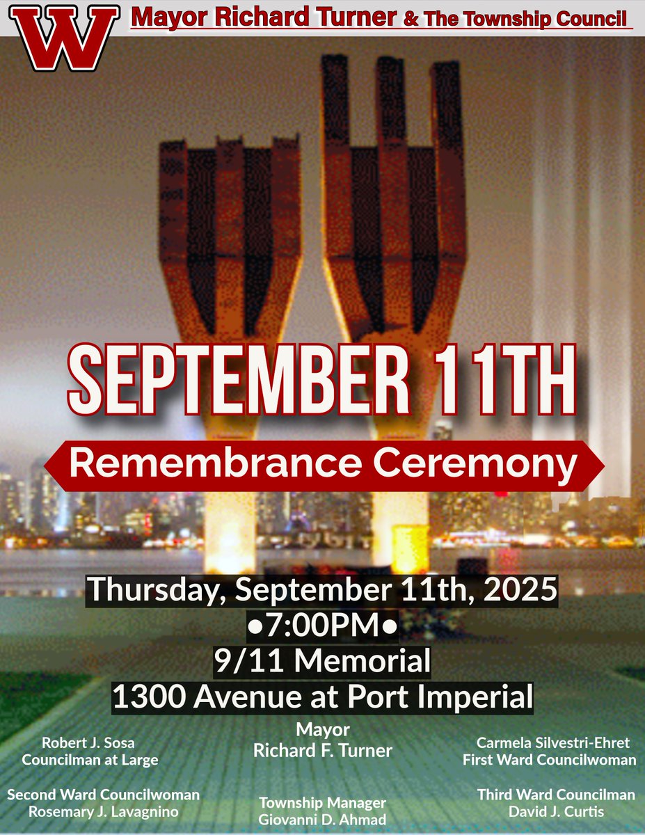 weehawkennj's tweet photo. Join Weehawken Mayor Richard Turner &amp; the Township Council for the September 11th Remembrance Ceremony on Thursday, September 11 at 7 pm at the 9/11 Memorial, 1300 Avenue at Port Imperial 🇺🇸 https://t.co/E9IG3BhjFi