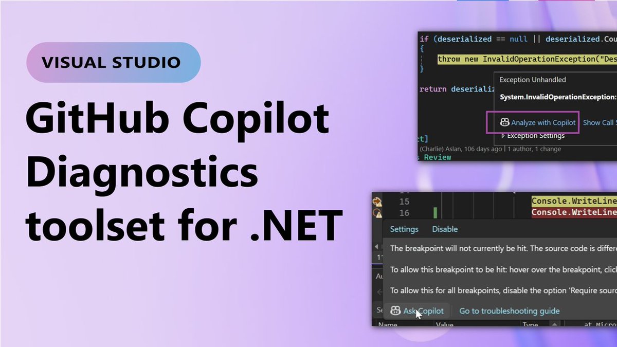 VisualStudio's tweet image. New in Visual Studio: GitHub Copilot Diagnostics for .NET 🧑‍💻
✅ Smarter breakpoints
✅ LINQ query help
✅ Exception summaries
✅ Deadlock insights
A smoother debugging experience, right in your IDE.
#GitHubCopilot makes #dotnet development a little easier.
🔗…
