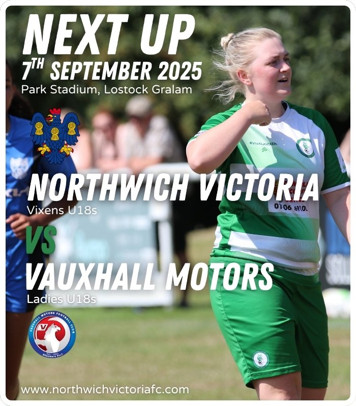 𝗡𝗘𝗫𝗧 𝗨𝗣 - 𝗨𝟭𝟴𝘀

Our U18s side will take on Vauxhall Motors Ladies on Sunday.

🆚 | <a href="/VMFCLadies/">Vauxhall Motors FC Ladies Teams</a> 
📅 | Sunday 7th September
⏰ | 10:30am KO
🏟️ | Park Stadium, Lostock Gralam
🏆 | Cheshire Womens Youth League

#Vixens | #Vics | #NonLeague