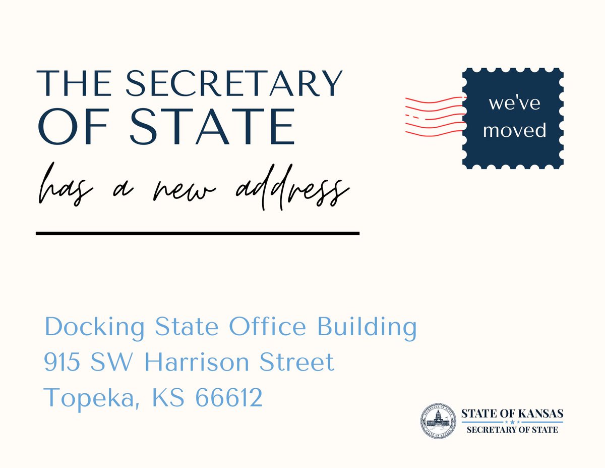 #ICYMI The Secretary of State's Office has moved! Below is our new address. #ksleg